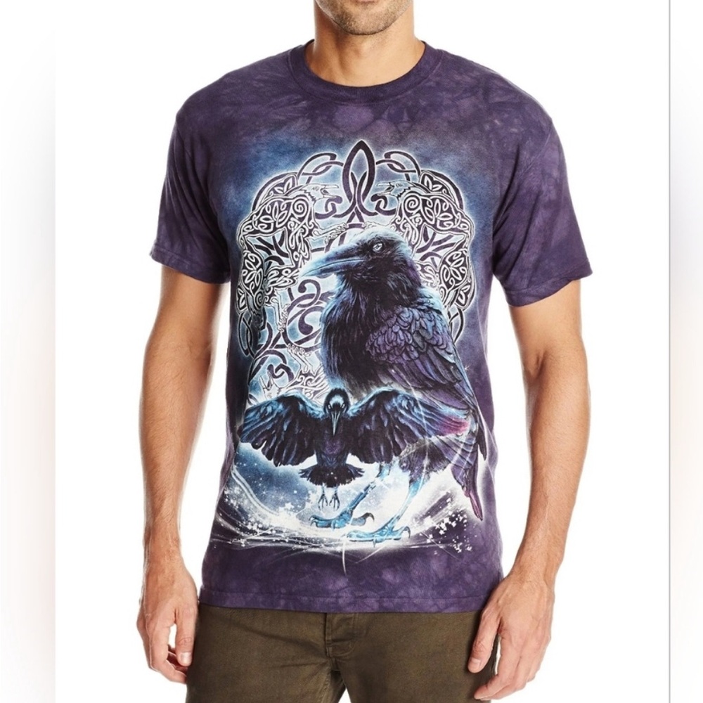 The Mountain Blue Tie Dye Celtic Raven Graphic Mystic‎ T Shirt Sz Small Blue